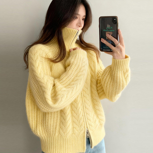 黄色双拉链高领针织开衫外套绞花纹毛衣女冬季加厚慵懒高级感上衣