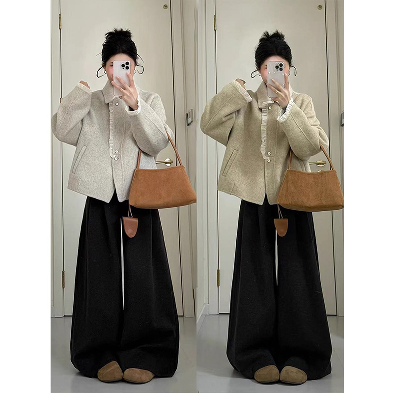 韩范复古纯色拼接毛呢外