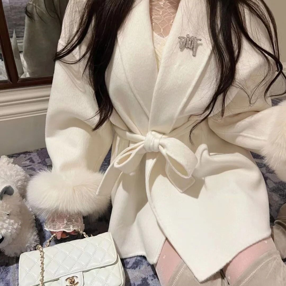 可拆卸仿狐狸毛系带双面绒呢子大衣女2025冬装新款小个子毛呢外套