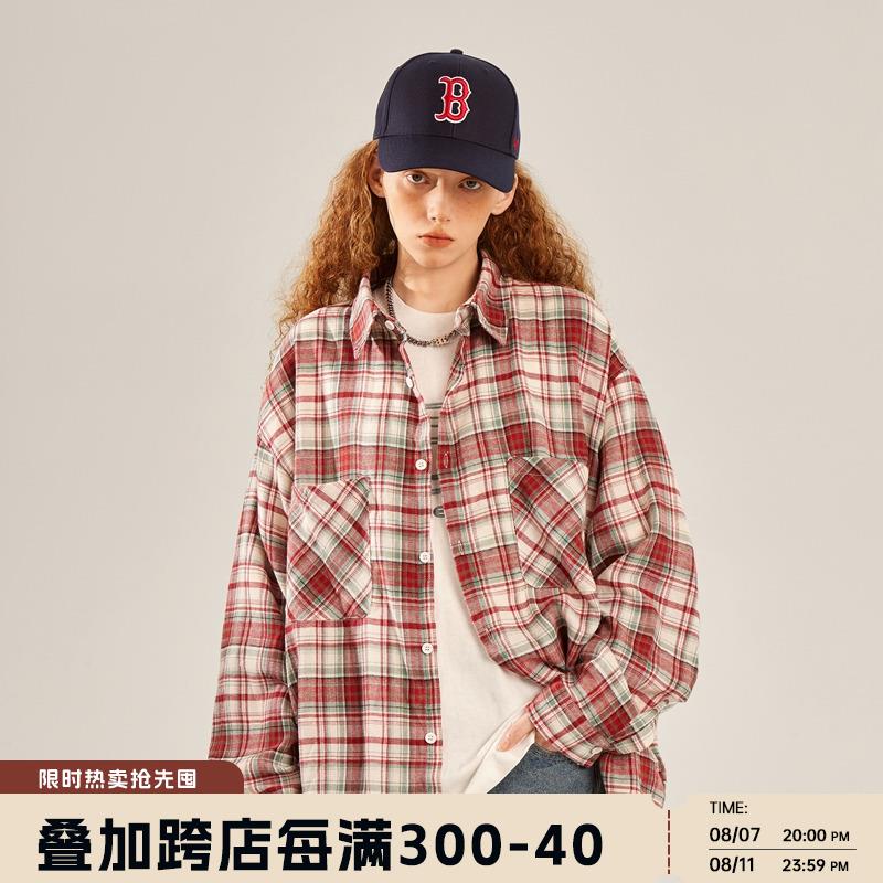 BEETLE TOWN美式复古格子长袖衬衫女秋季磨毛衬衣宽松上衣外套潮