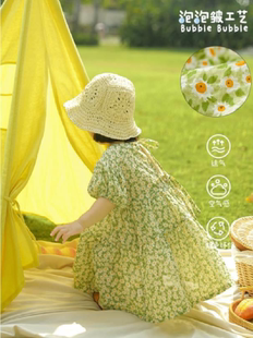 女童2025夏季碎花清新连衣裙儿童泡泡袖超仙公主裙小女孩短袖长裙