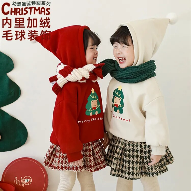 2025女童新款加绒卫衣可爱巫师帽宝宝冬季新款加厚保暖套头上衣