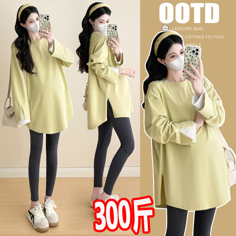 孕妇装中长款新中式开叉t恤上衣