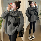 大码 潮 上衣200斤套装 孕妇毛衣秋冬加厚假两件时尚 宽松百搭针织衫