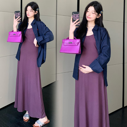 大码孕妇春装连衣裙2025春夏季新款孕妈穿搭衬衫裙子两件套200斤