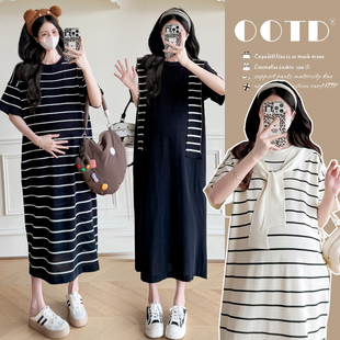 大码孕妇装短袖连衣裙2025夏装新款披肩条纹宽松显瘦长裙子200斤