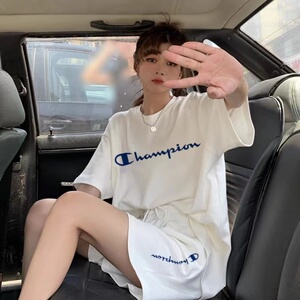 日版冠军新款短袖纯棉T恤学生夏装情侣套装宽松短裤两件套女