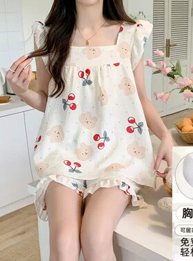 夏季薄款带胸垫吊带女睡衣套装