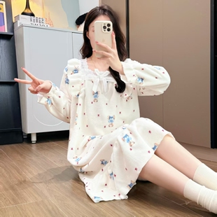 睡衣女秋冬季睡裙珊瑚绒加绒加厚法兰绒女士可爱家居服冬天连衣裙