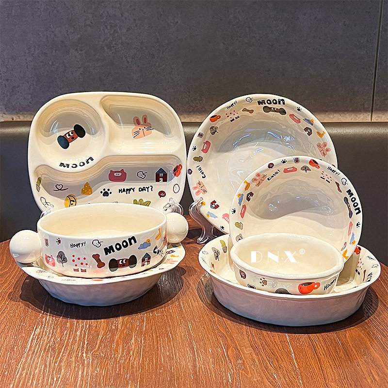 可爱月亮狗陶瓷餐具高颜值ins餐盘米饭碗沙拉碗汤盘家用菜盘礼盒,餐饮具,餐具瓷器套装,淘宝优惠券,粉丝福利购,淘宝优惠卷