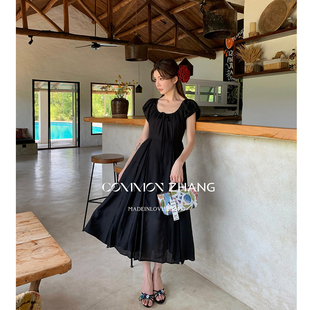 连衣裙 名媛风甜美气质u领系带收腰显瘦压褶a字长款 夏季 法式