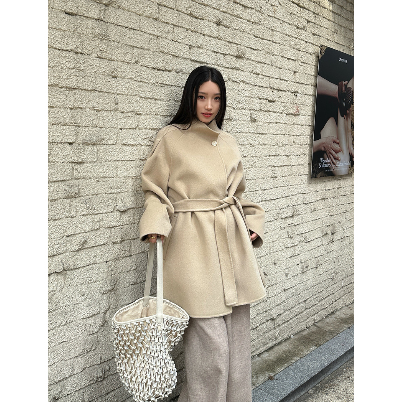 韩系双面羊绒毛呢大衣女小个子2025冬季羊毛绑带呢子外套