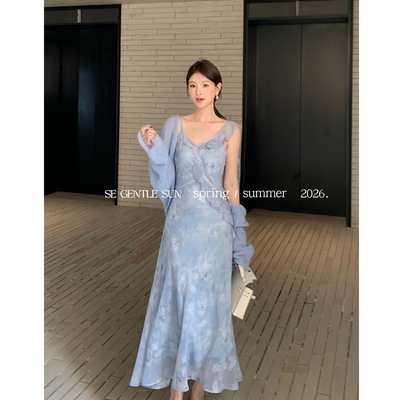 十三行2026春季白标优雅气质蕾丝V领高腰显瘦连衣裙印花裙子女