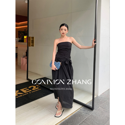 2026夏时尚两件套修身褶皱短抹胸上衣女+绑带花苞长裙法式套装