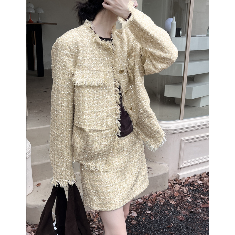 十三行秋冬新款法式珠片流苏气质小香风外套半裙套装女