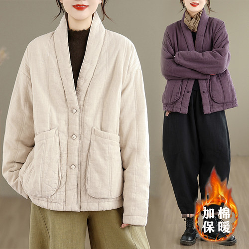 中国风做旧禅意夹棉棉服女冬季加厚盘扣v领茶服棉麻素衣棉袄外套