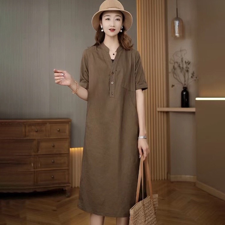 文艺复古休闲短袖连衣裙女2024夏季宽松显瘦V领亚麻裙子中长款潮