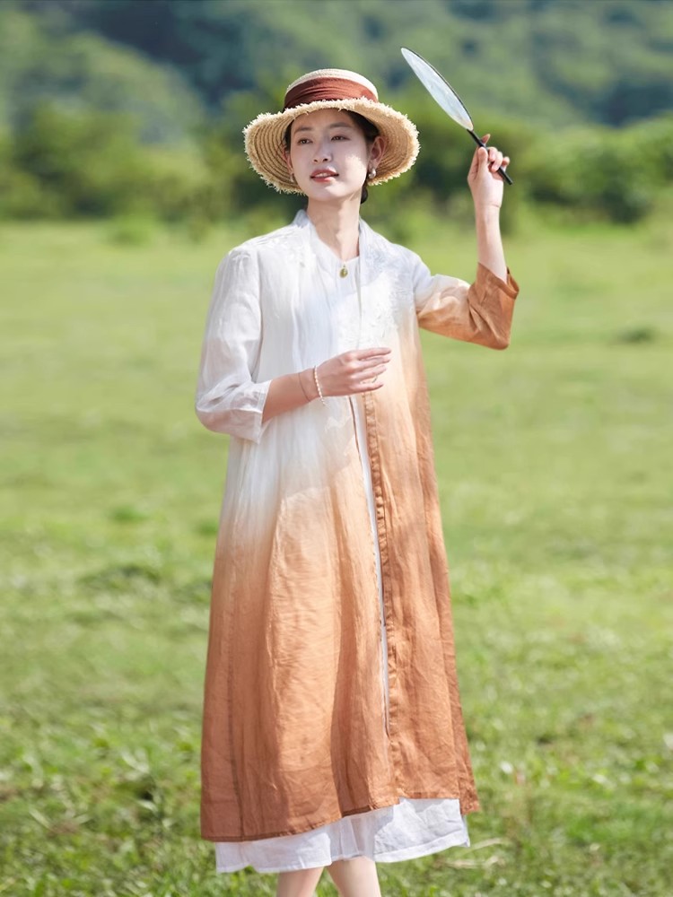 新中式重工刺绣亚麻系带衬衫女复古国风渐变色长款过膝防晒开衫裙