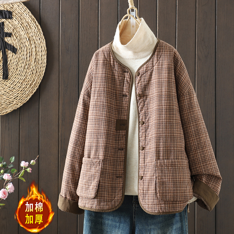 复古细格子棉麻夹棉短外套女士冬季轻便保暖宽松休闲妈妈棉服上衣