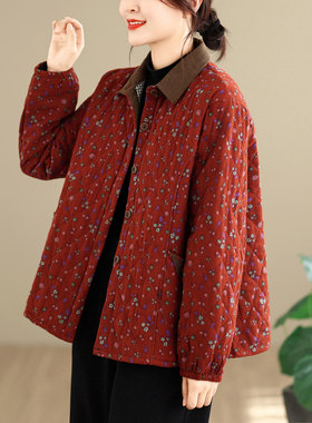 中年妈妈复古碎花棉麻夹棉翻领棉衣女冬季轻便保暖显瘦棉服短外套