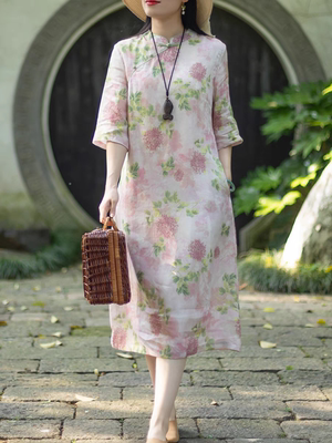 新中式斜襟盘扣改良旗袍裙女夏季年轻款高端印花苎麻中袖连衣裙子