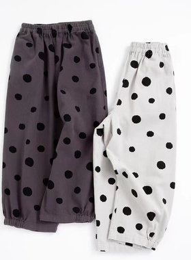 脚口半松紧阔腿裤 斜纹纱卡印波点棉布宽松休闲裤女春夏230202