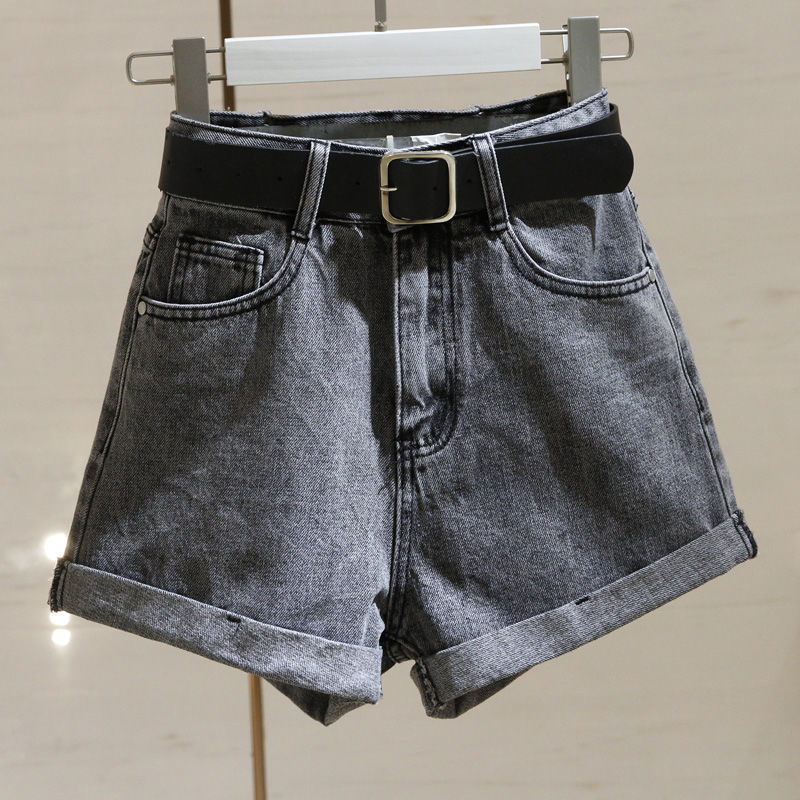 新品烟灰色牛仔短裤女夏韩版显高显瘦卷边热裤字阔腿裤牛仔裤五分