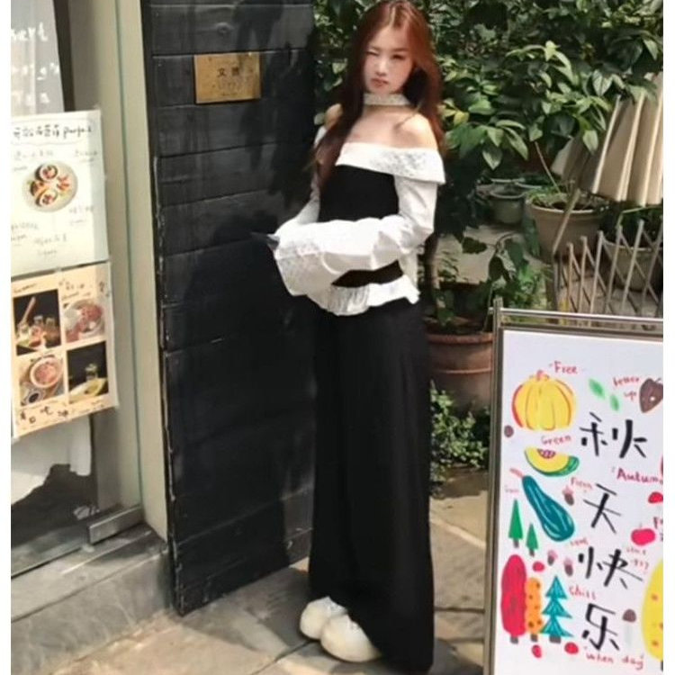 纯欲辣妹假两件波点黑色一字肩斜肩上衣长袖t恤女初秋阔腿裤套装