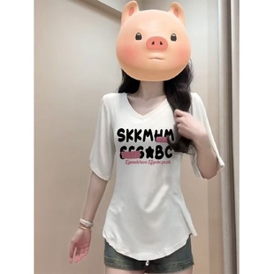 2025新款 美式 夏季 宽松休闲白色V领显瘦上衣潮韩版 正肩T恤短袖 新款