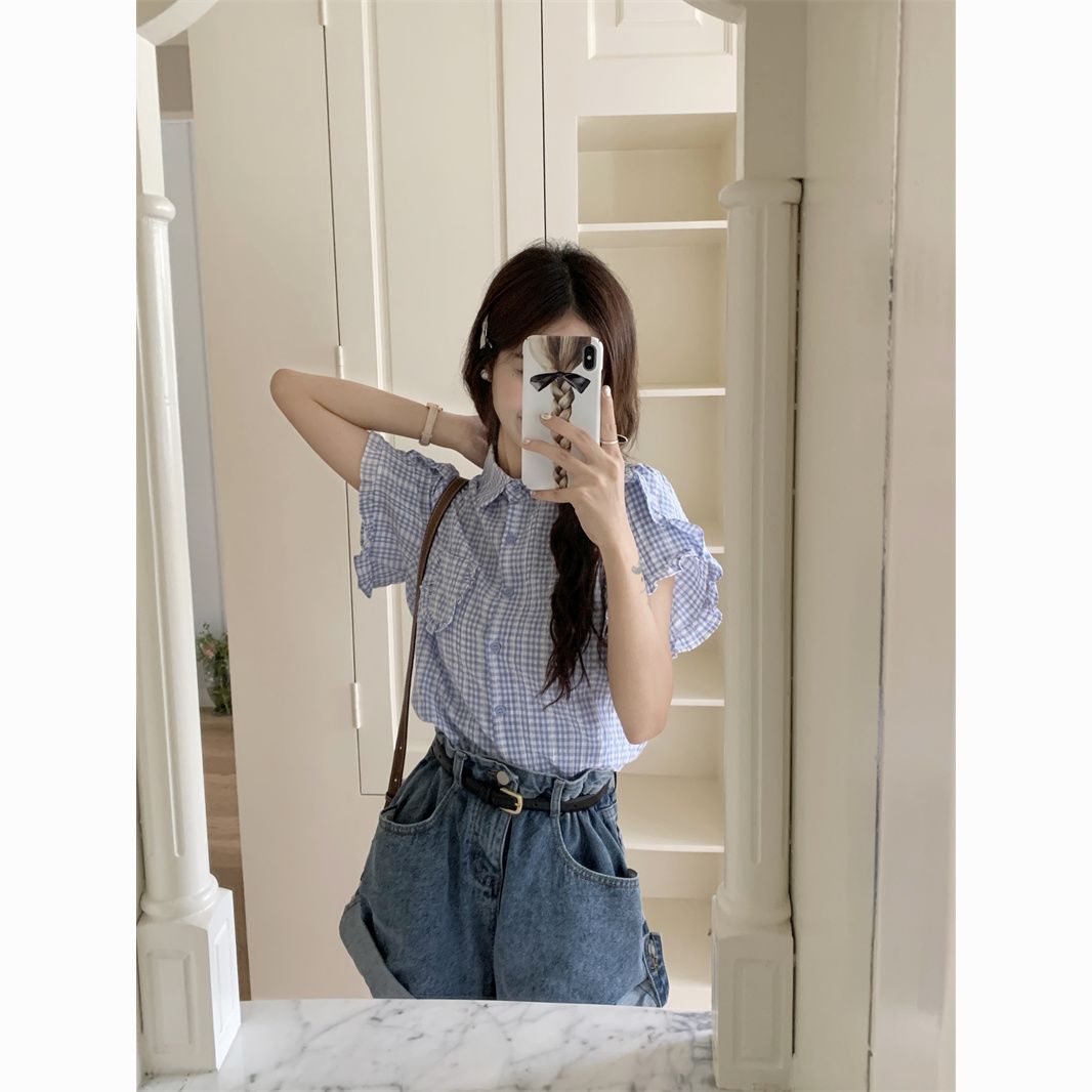 甜美蓝色设计感减龄格子短袖衬衫