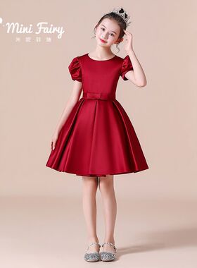 新款女童圣诞节公主裙元旦红色缎布主持礼服诗朗诵短袖钢琴演出服