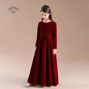 儿童高端晚礼服酒红色长款丝绒钢琴演出服女童连衣裙小主持人花童