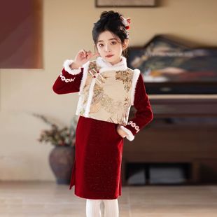 女童汉服拜年服女童冬季夹棉套装儿童中国风古装唐装过年衣服宝宝