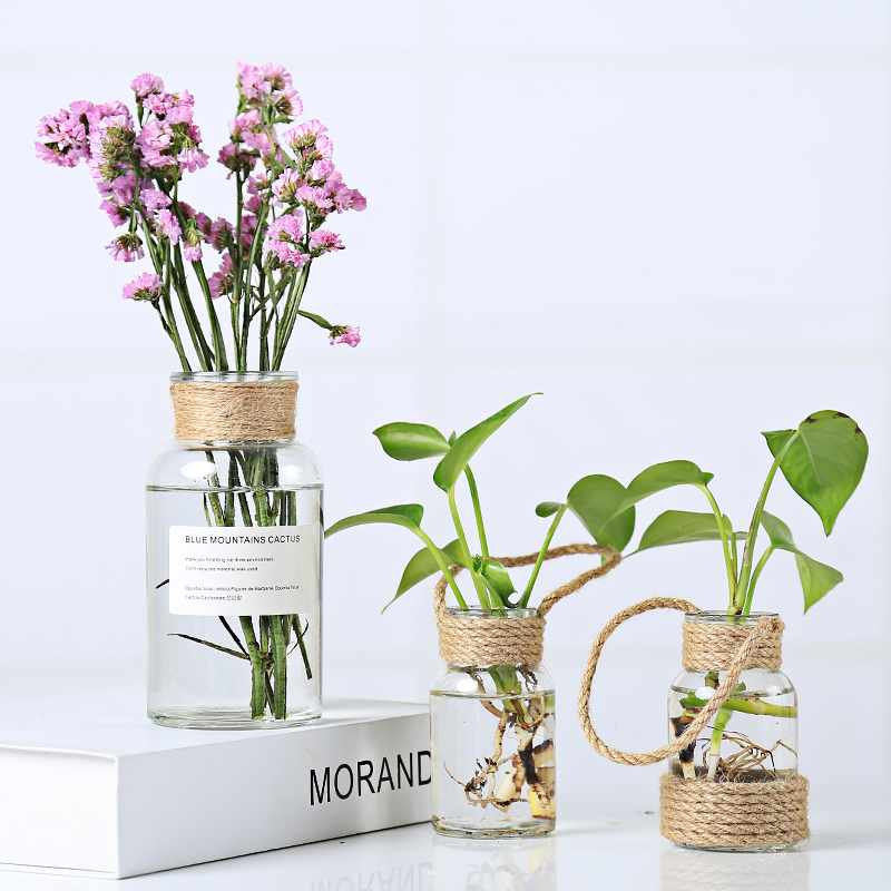 风格麻绳提手玻璃花瓶家居装饰