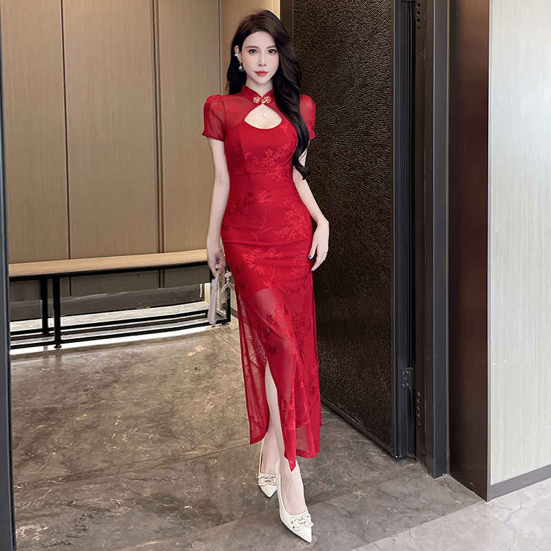 红色V领修身连衣裙女开叉长裙显瘦气质礼服工作服晚礼服旗袍蕾丝