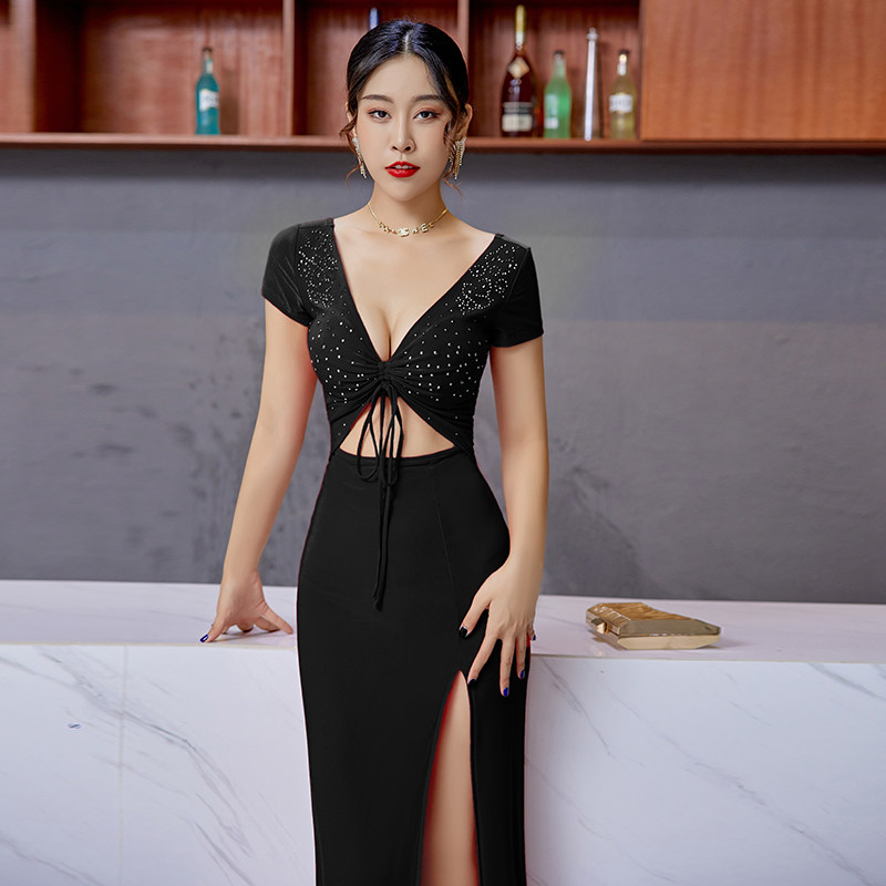 夜场ktv佳丽小姐服夜总会公关性感晚礼服长款深v领沐足技师长裙夏