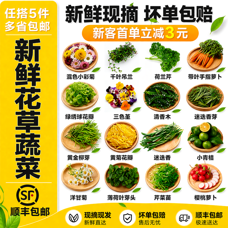 摆盘装饰花草新鲜三色堇食用花清香木黄金柳芽绿绣球薄荷叶千叶兰