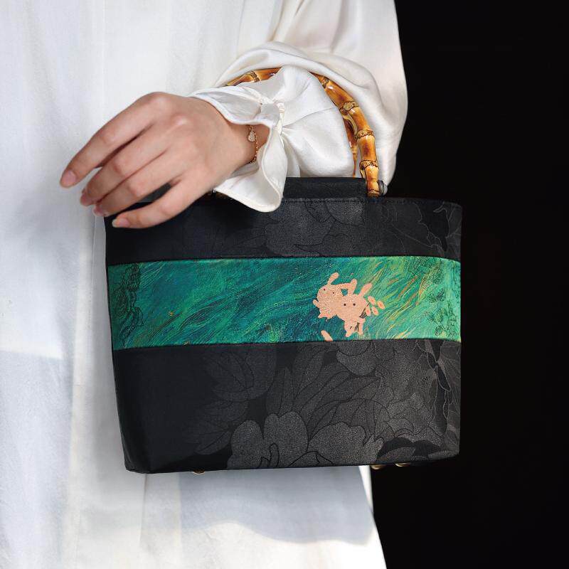 双姊妹桑蚕丝香云纱竹节手柄旗袍手提包新中式汉服国风女包新款