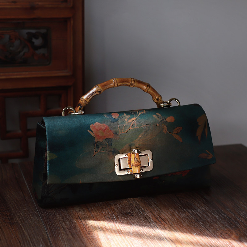 双姊妹原创重磅香云纱竹节波士顿手提包古风复古手工旗袍包斜跨包