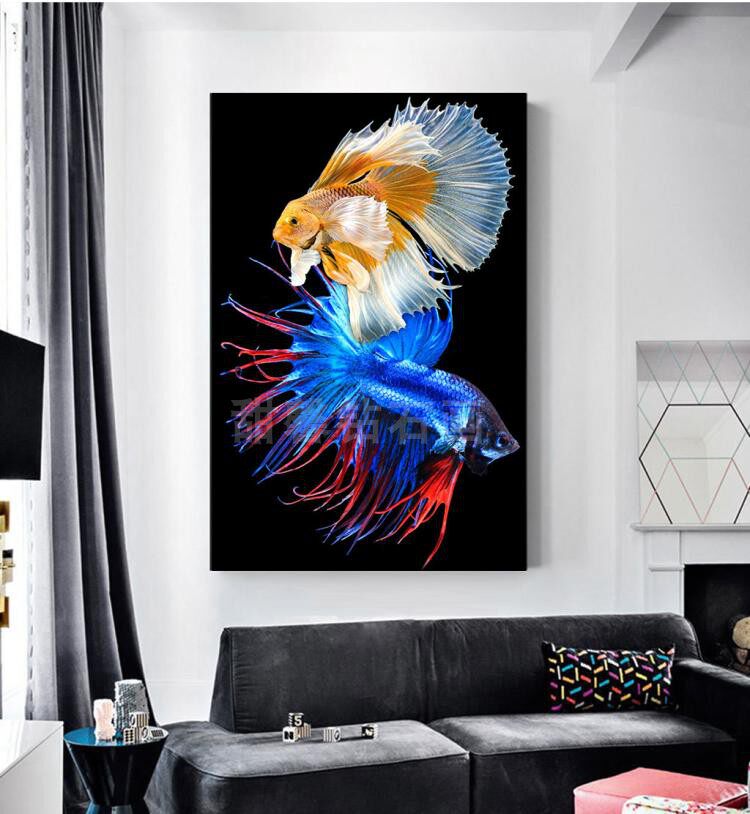 2019东南亚新款卧室钻石画十字绣钻石绣七彩鱼艺术孔雀鱼玄关竖版