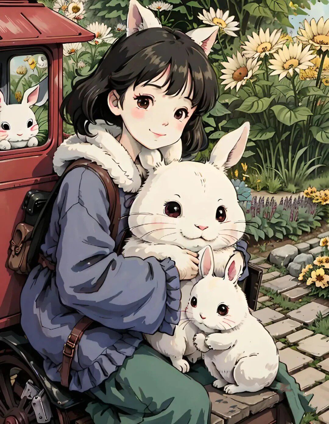 动漫卡通diy方钻满钻钻石画贴钻十字绣带钻小女孩抱大兔子小兔子