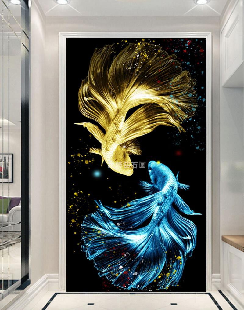 走廊diy钻石画东南亚斗鱼马尾狮孔雀鱼情侣玄关竖版镶贴钻十字绣