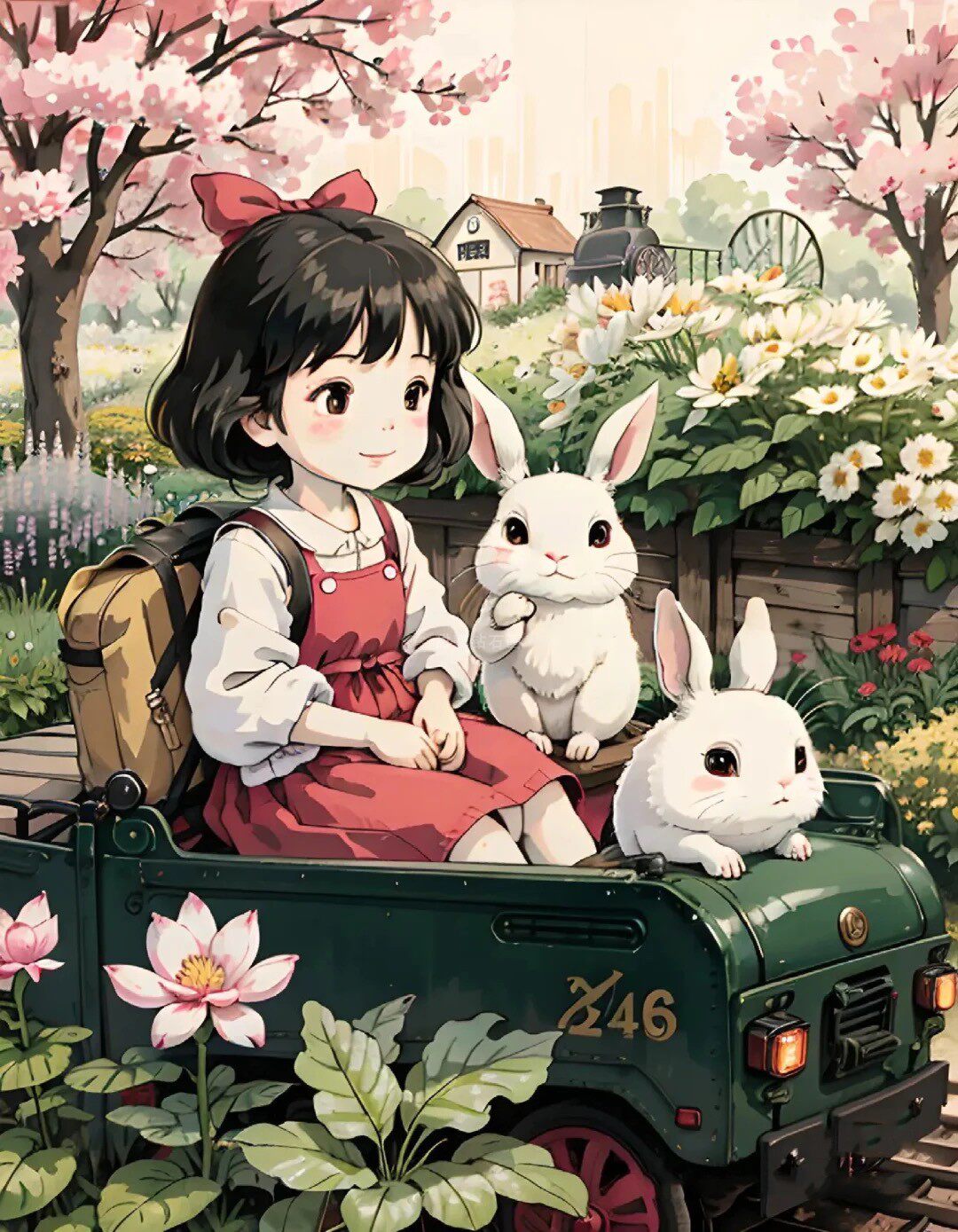 DIY方钻满钻钻石画手工粘贴钻十字绣花园里小女孩与兔子坐小火车