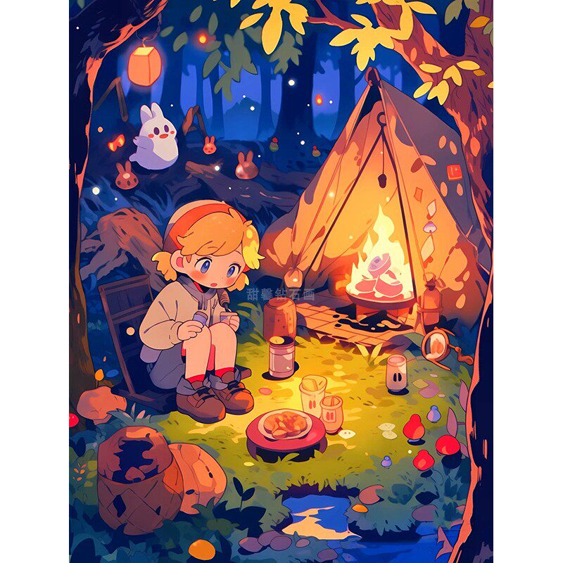 动漫卡通diy方钻满钻钻石画小女孩野营篝火烤肉粘贴钻印花十字绣