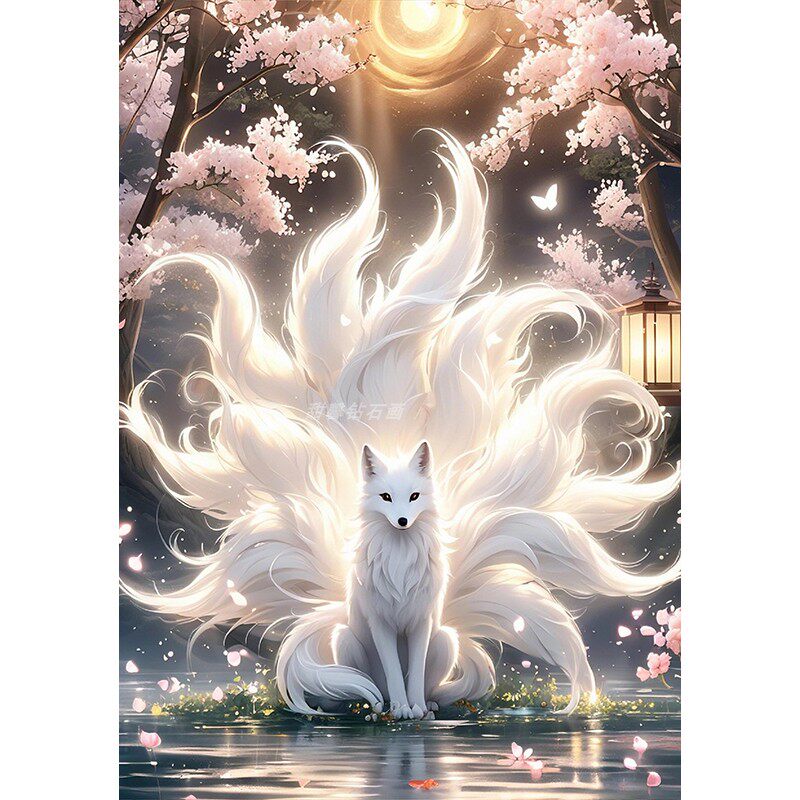 DIY方钻满钻贴钻点钻钻石画钻石绣带钻月光樱花树下的白色九尾狐