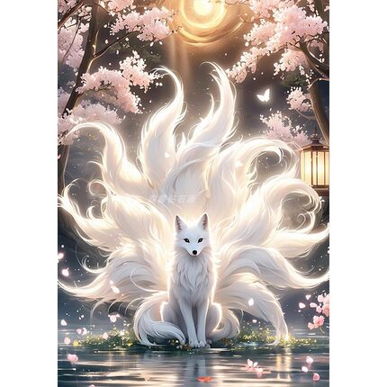DIY方钻满钻贴钻点钻钻石画钻石绣带钻月光樱花树下的白色九尾狐