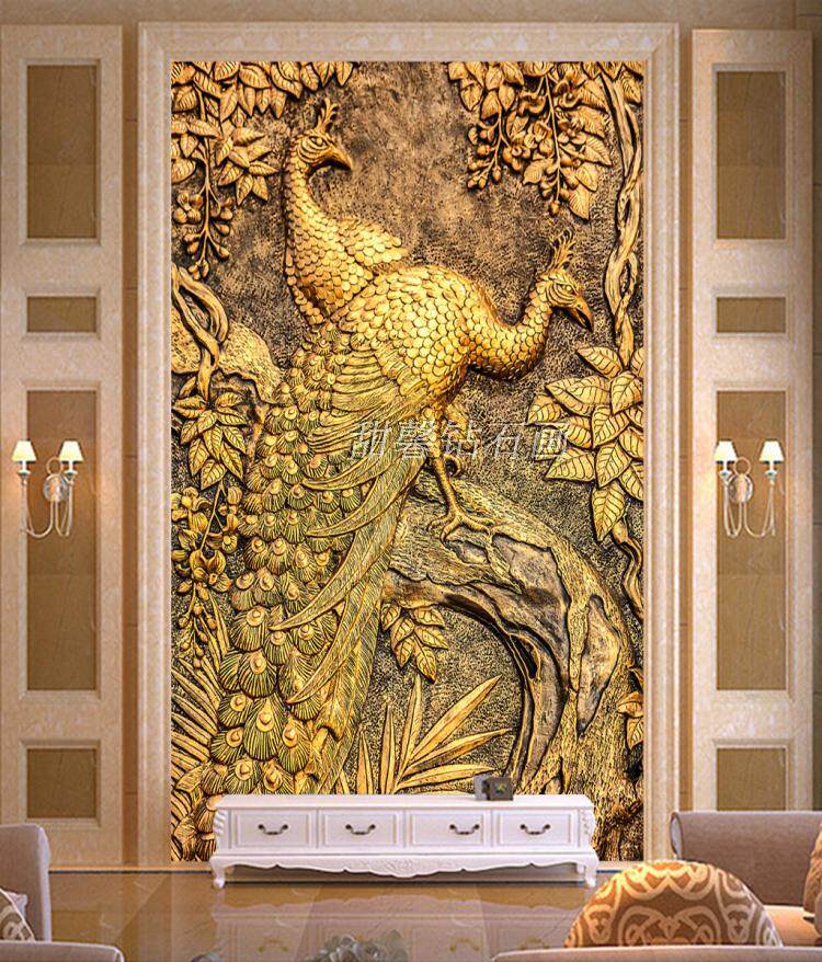 复古怀旧走廊全粘贴钻钻石画钻石绣十字绣黄金立体孔雀玄关竖版