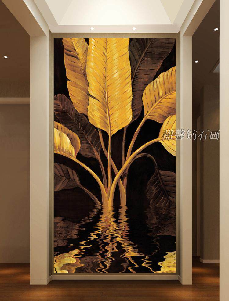 东南亚泰国风格客厅过道方钻满贴钻石画十字绣带钻黄金芭蕉叶玄关