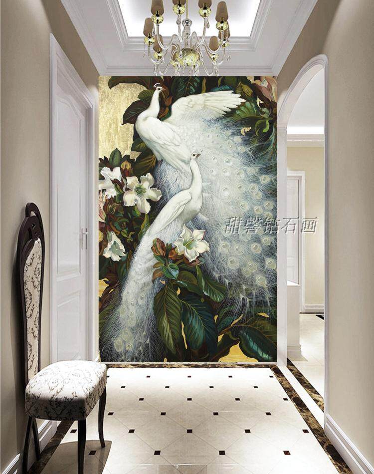 2021年新款欧式白孔雀方钻全满沾贴钻石画十字绣带钻玄关走廊竖版