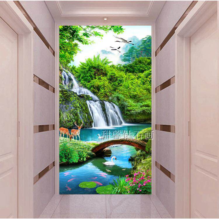 客厅走廊过道带钻十字绣钻石画满钻小清新绿色流水生财瀑布九鱼